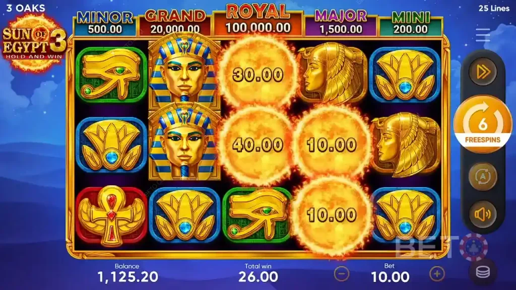 Функция Hold & Win запускается в игровом автомате Sun of Egypt 3 jackpot